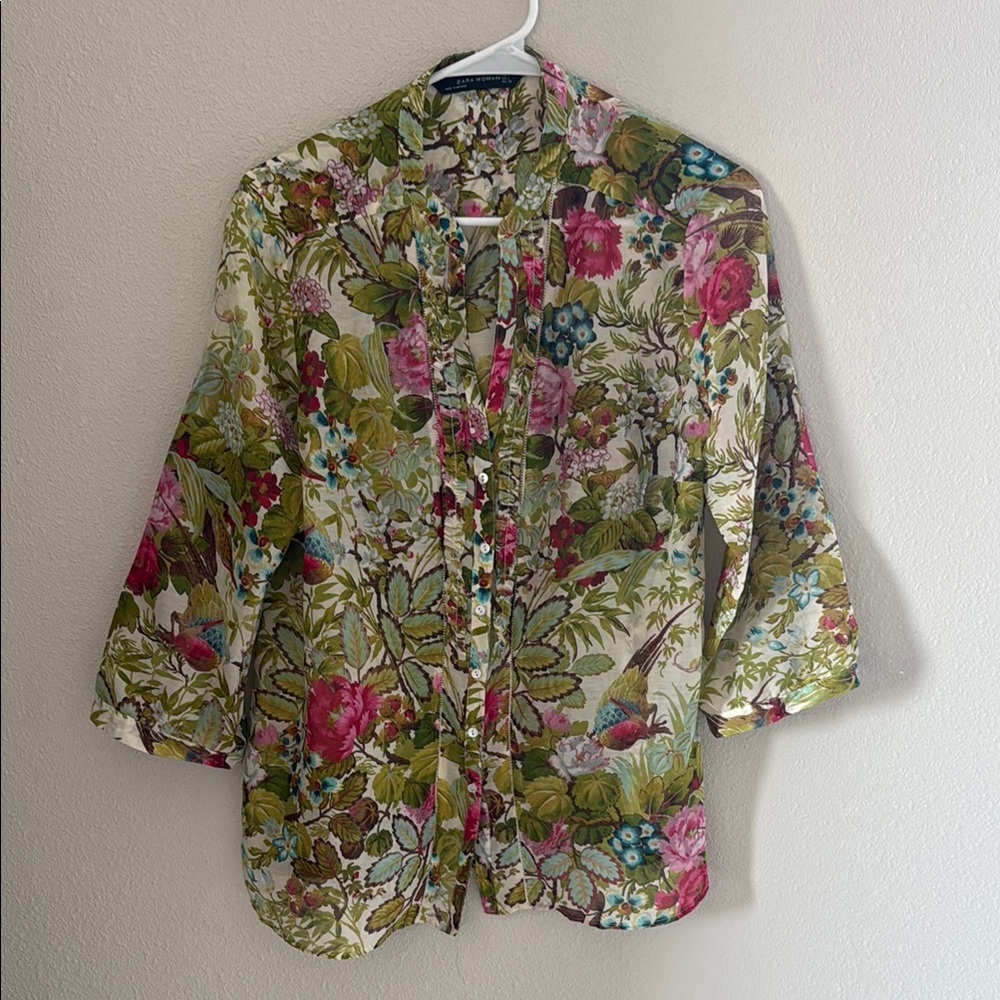 Vintage Zara Woman Sheer Floral Cotton and Silk Blend Button Down Blouse - Lg